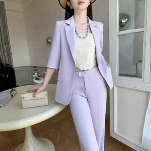 职业装紫色西装套装女夏装薄款时尚七分袖面试正装休闲西服工作服