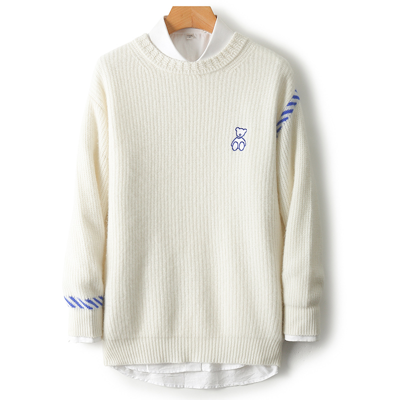 新款小熊刺绣纯羊毛衫男圆领宽松
