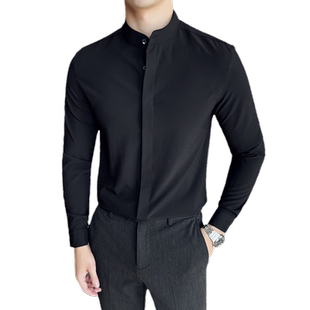 新中式小立领衬衫男士纯色中国风秋季长袖高端衬衣中山装设计感