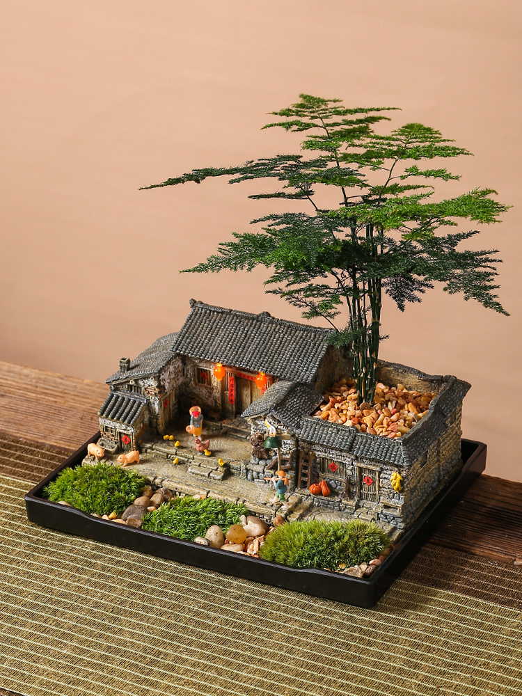 农家小院中式摆件复古建筑模型茶桌桌面茶室家居装饰客栈农家乐