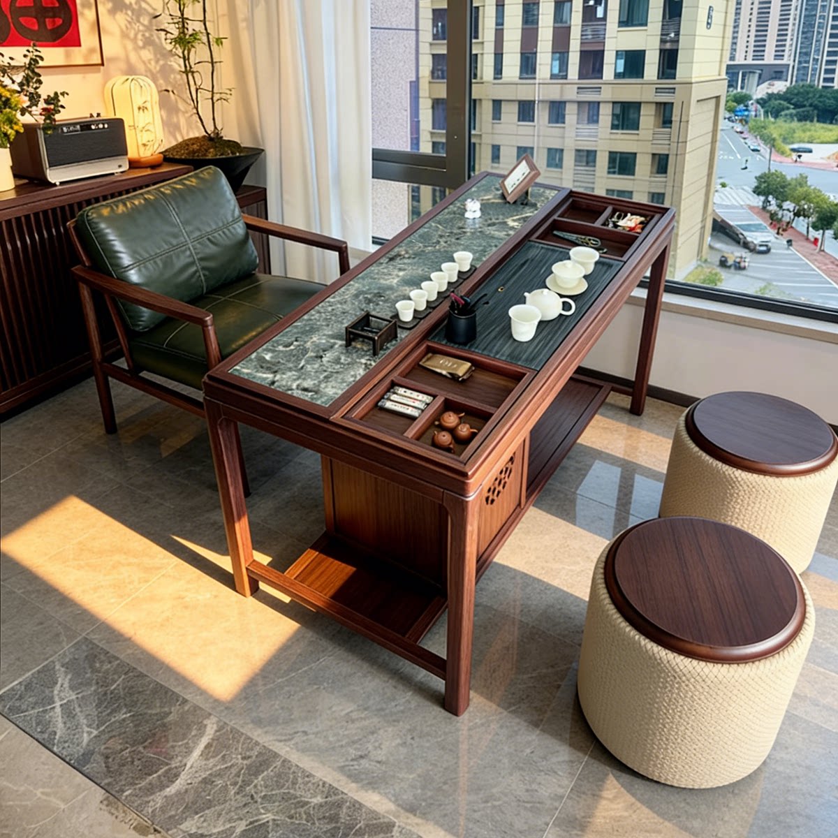 乌金木实木茶桌奢石可推拉带收纳图片
