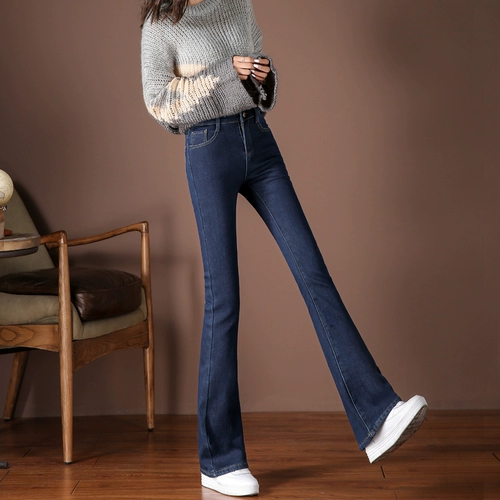 Мегафон, утепленные мягкие джинсы, демисезонные штаны, эластичные штаны-клёш, высокая талия, по фигуре, облегающий крой