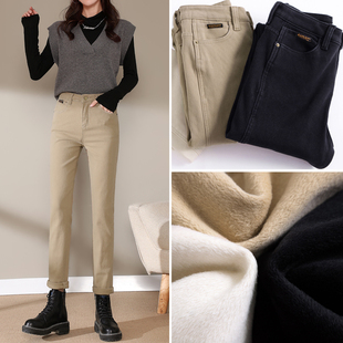 卡其色牛仔裤 女冬加厚烟管高腰显瘦小直筒宽松加绒萝卜哈伦老爹裤