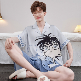 夏季男士睡衣卡通冰丝绸短袖薄款青少年大尺码男款可外穿家居服套