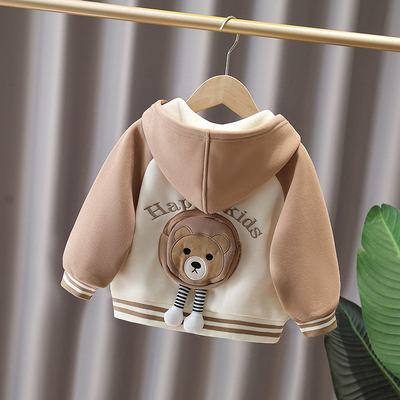 儿童加绒外套秋冬款2025新款男女宝宝卡通加厚棒球连帽一体绒上衣