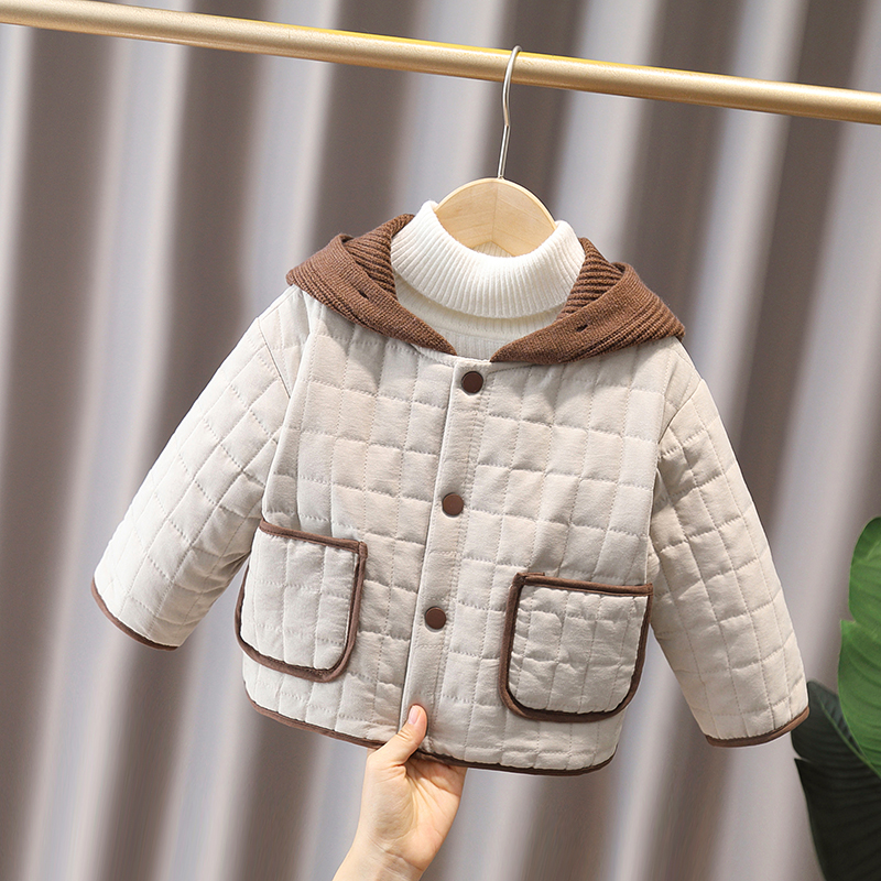 儿童加厚棉衣2025冬季新款夹棉格子保暖连帽小童二棉棉袄男童外套