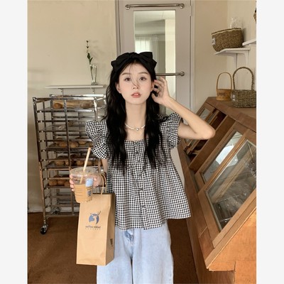 方领格子小飞袖衬衫女夏