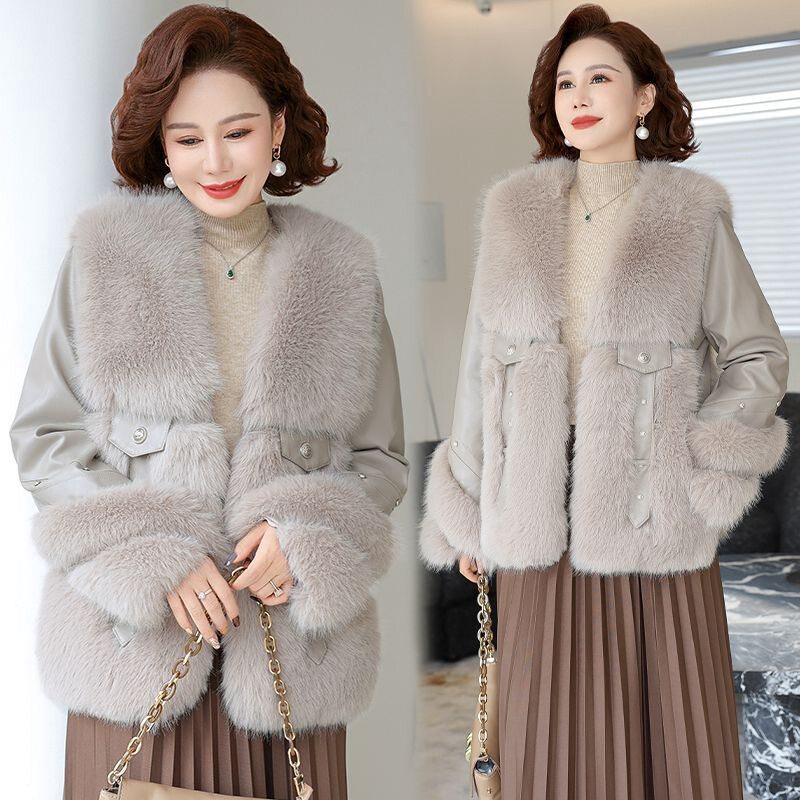 妈妈冬季仿水貂绒外套时尚皮毛一体仿皮草大衣中老年女PU皮衣