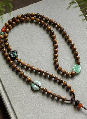 沉香木佛珠项链手工编织多宝和田玉佩吊坠挂绳男女吊坠绳