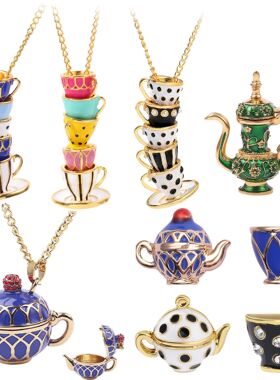 跨境热卖卡通滴油保色茶杯茶壶耳环长款项链配件合金吊坠饰品
