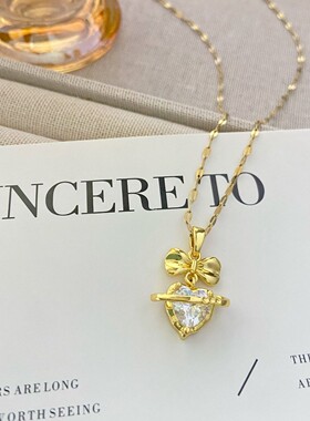 轻奢小众金色爱心蝴蝶结钛钢项链