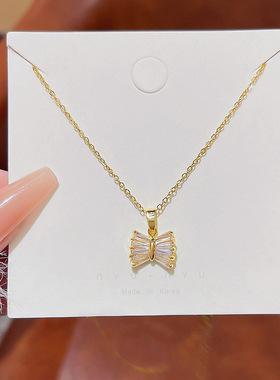 小众轻奢蝴蝶结超闪金色锁骨链