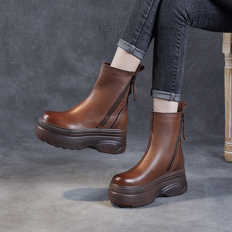 真皮厚底马丁靴女英伦风单靴25新款秋冬靴子双拉链松糕底增高短靴,女鞋,马丁靴,淘宝优惠券,粉丝福利购,淘宝优惠卷