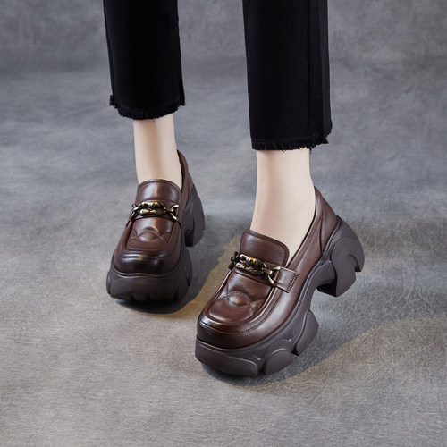 英伦厚底乐福鞋女2025秋季新款小个子增高单鞋真皮松糕圆头小皮鞋