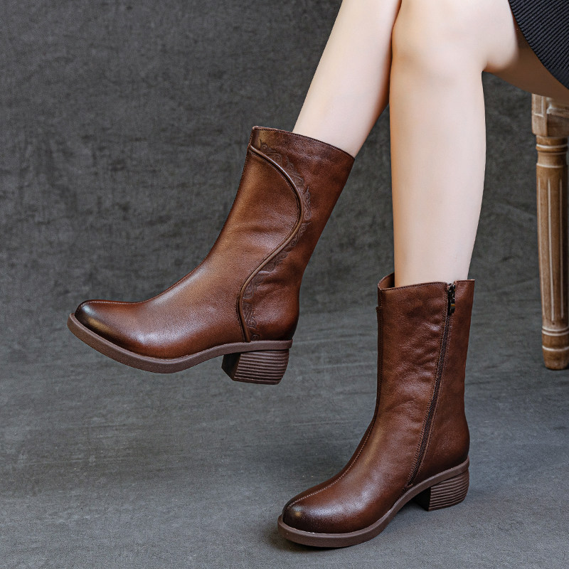 复古真皮中筒靴女2024秋冬新款粗跟软底舒适妈妈鞋原创手工单靴女,女鞋,时装靴,淘宝优惠券,粉丝福利购,淘宝优惠卷