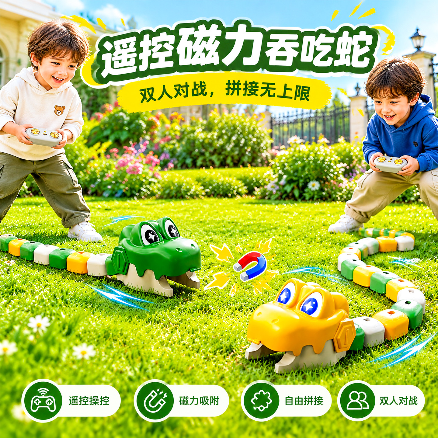 磁力吞吃蛇遥控汽车玩具男孩儿童桌面贪吃拼豆双人对战游戏机礼物