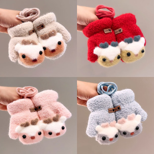 婴幼儿童手套冬季包指加厚可爱卡通加绒保暖宝宝挂脖连指超萌红色