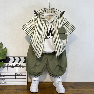 男童夏季套装洋气儿童短袖衬衫背心三件套2026新款时髦宝宝薄衣服