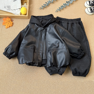 洋气儿童皮衣三件套时髦宝宝春秋卫衣休闲裤 2026新款 套装 男童秋装