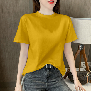 大码 姜黄色宽松短袖 韩版 T恤女夏2025新款 上衣ins潮 纯棉半高领修身