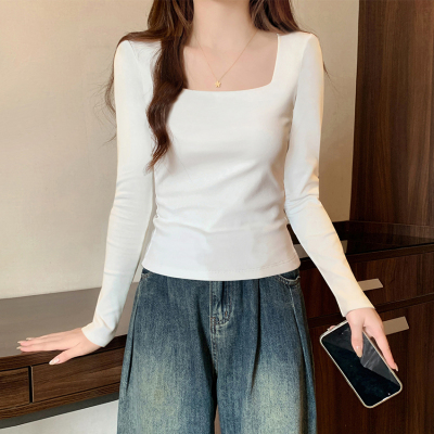 白色纯棉方领打底衫女