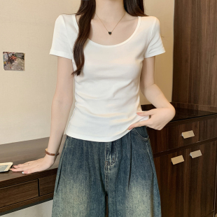 显瘦露锁骨上衣 白色u领纯棉短袖 t恤女2025新款 夏季 大领口正肩修身