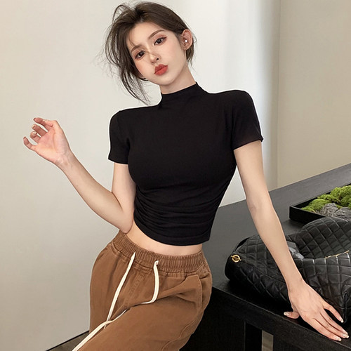 半高领短款t恤女短袖高腰紧身