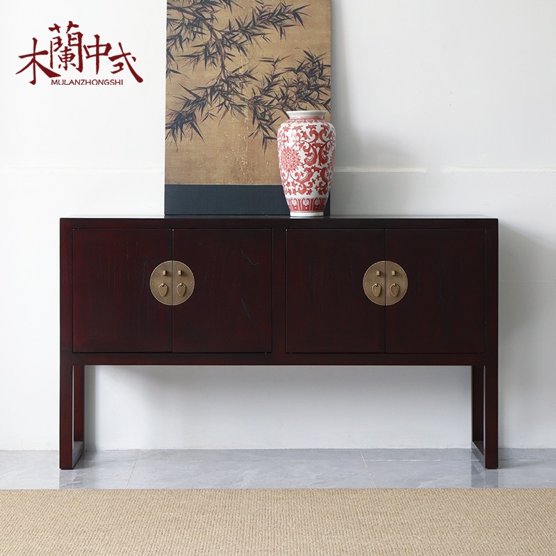 新中式现代玄关装饰柜简约仿古实木榆木储物餐边柜古典客厅端景柜