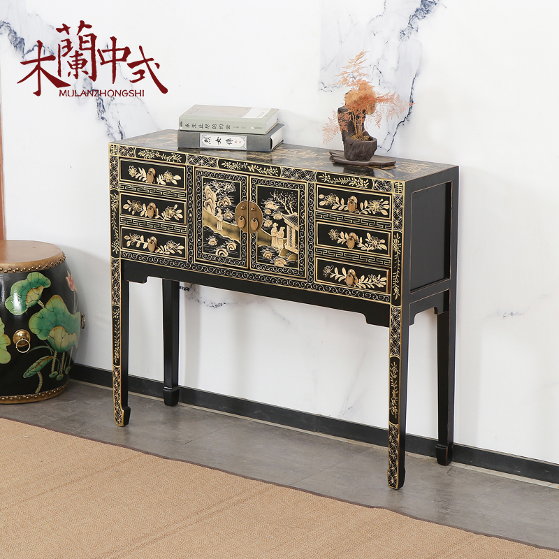 新中式描金人物玄关条案实木