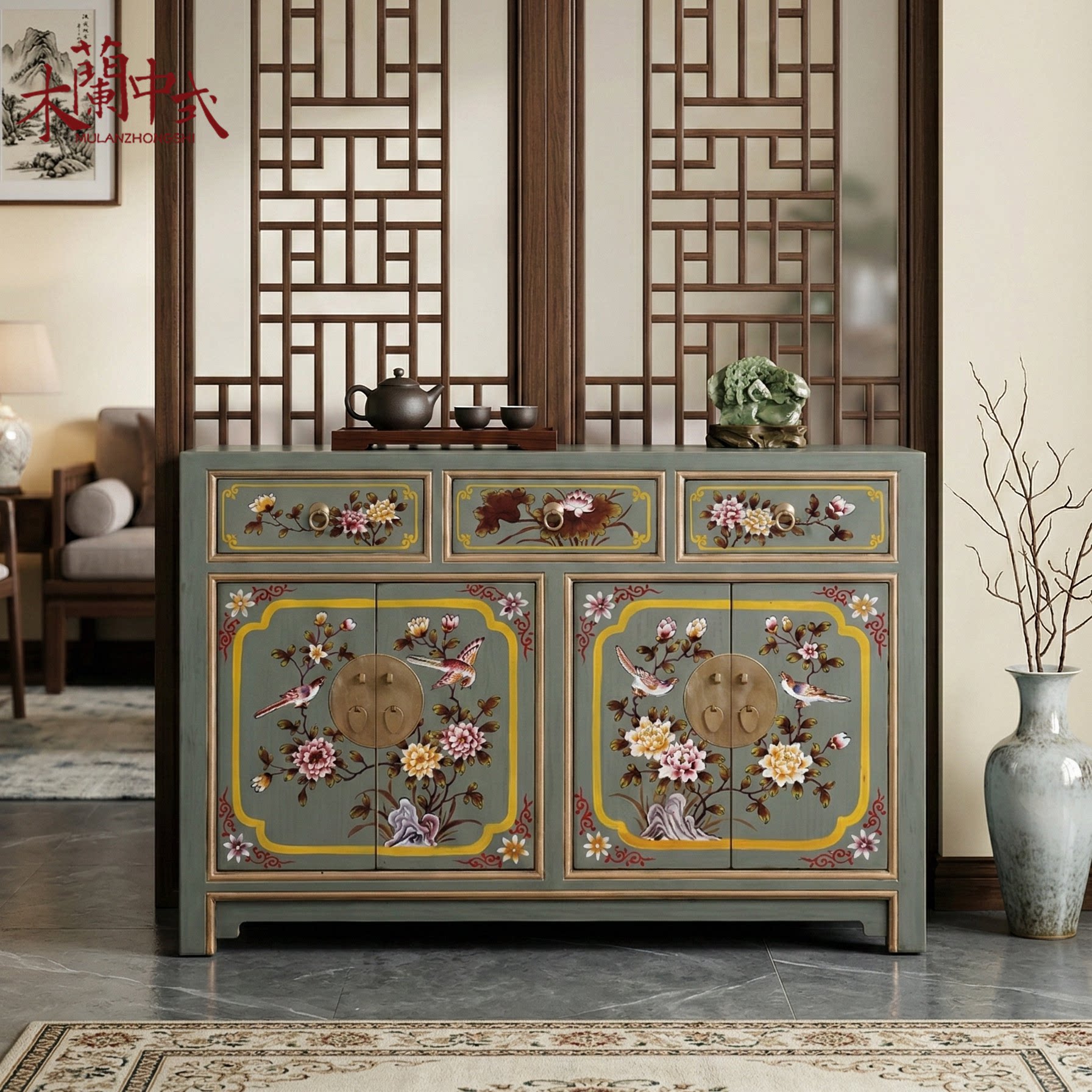 新中式彩绘家具餐边柜实木仿古手绘做旧古典乡村鞋柜玄关门厅柜