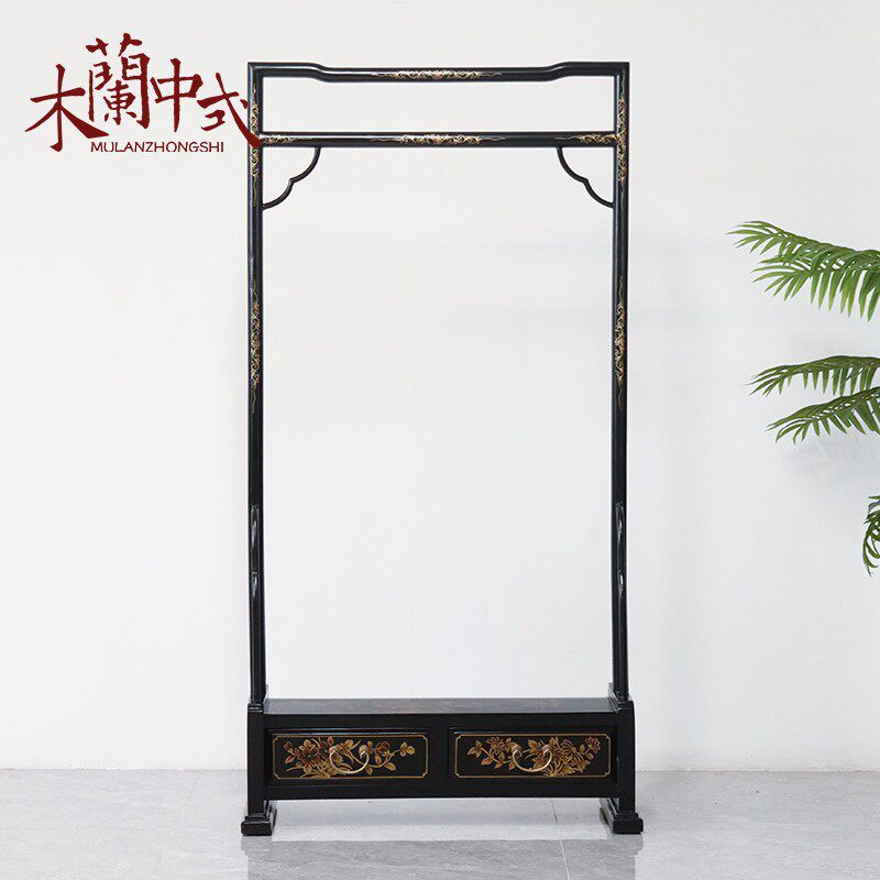 中式描金挂衣架实木古典储物落地手绘衣帽架复古彩绘漆器家具