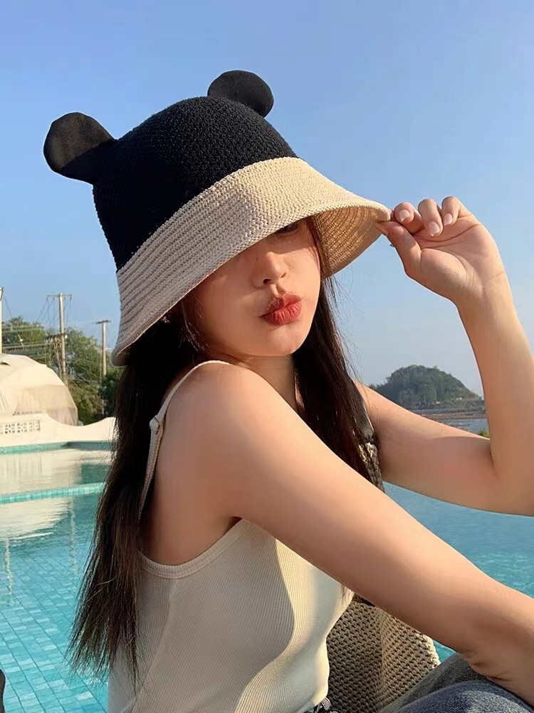 帽子夏季女款可爱耳朵渔夫帽显脸小可折叠盆帽透气防晒遮阳帽女生