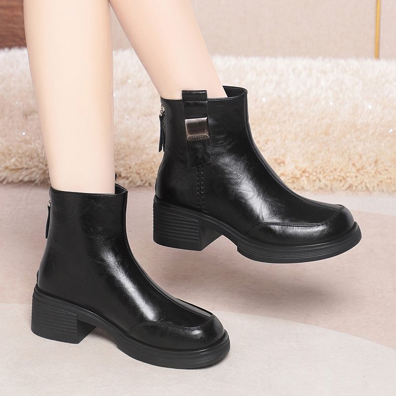 短靴冬季马丁靴女春秋单靴圆头复古女靴粗跟百搭靴子简约高级