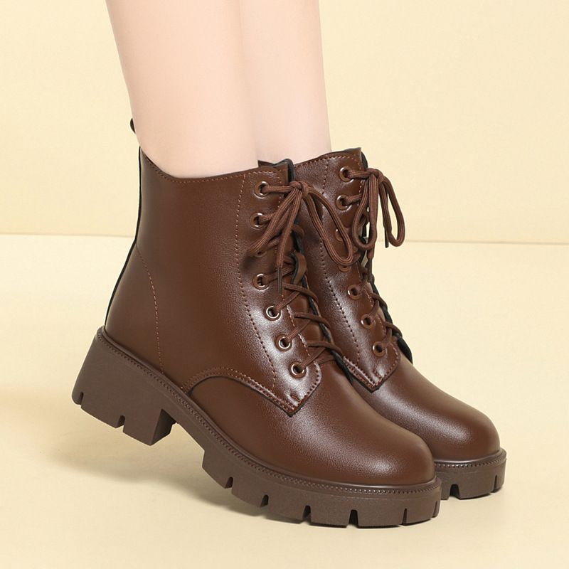 全牛皮软皮雪地靴羊毛马丁靴女短靴中跟新款棉鞋舒适粗跟女靴