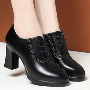 高跟单鞋女中跟百搭软皮女鞋春夏款2026新款粗跟深口中年女士皮鞋