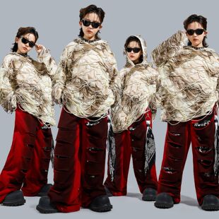 街舞演出服嘻哈宽松破洞卫衣时髦套装少儿hiphop架子鼓表演服