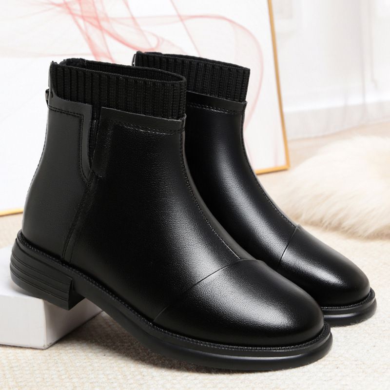 矮跟短靴女2025秋冬皮鞋新款中年女鞋妈妈鞋后拉链靴子马丁靴