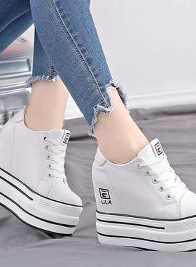 春秋新款12cm内增高女鞋松糕小白鞋女韩版百搭超高跟厚底休闲鞋