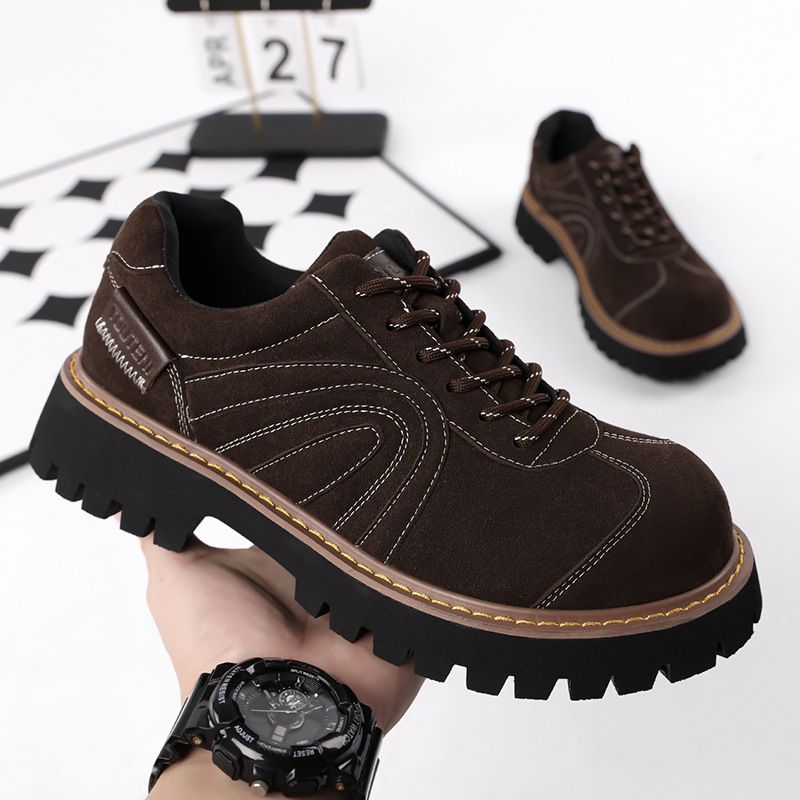 2025新款棕色大头德比鞋男时尚百搭厚底增高5cm复古皮鞋低筒靴子
