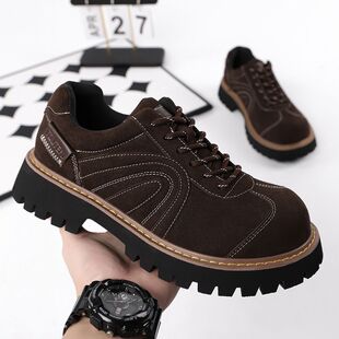 2025新款棕色大头德比鞋男时尚百搭厚底增高5cm复古皮鞋低筒靴子