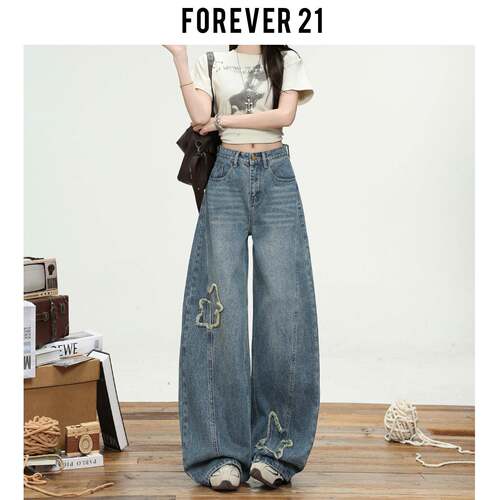 Forever 21美式星星高腰阔腿牛仔裤女春设计感蓝色宽松梨形弯刀裤
