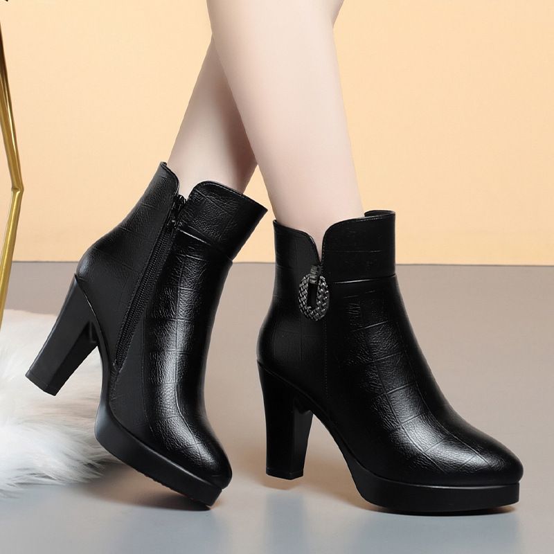 高跟短靴女新款时装靴子配裙子秋冬款皮鞋女鞋妈妈鞋子皮棉鞋