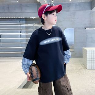 男童春装中大童假两件长袖t恤2026新款学生男孩宽松街舞上衣