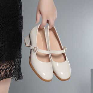 温柔晚晚鞋春夏女鞋2026新款浅口皮鞋方头单鞋一字带玛丽珍伴娘鞋