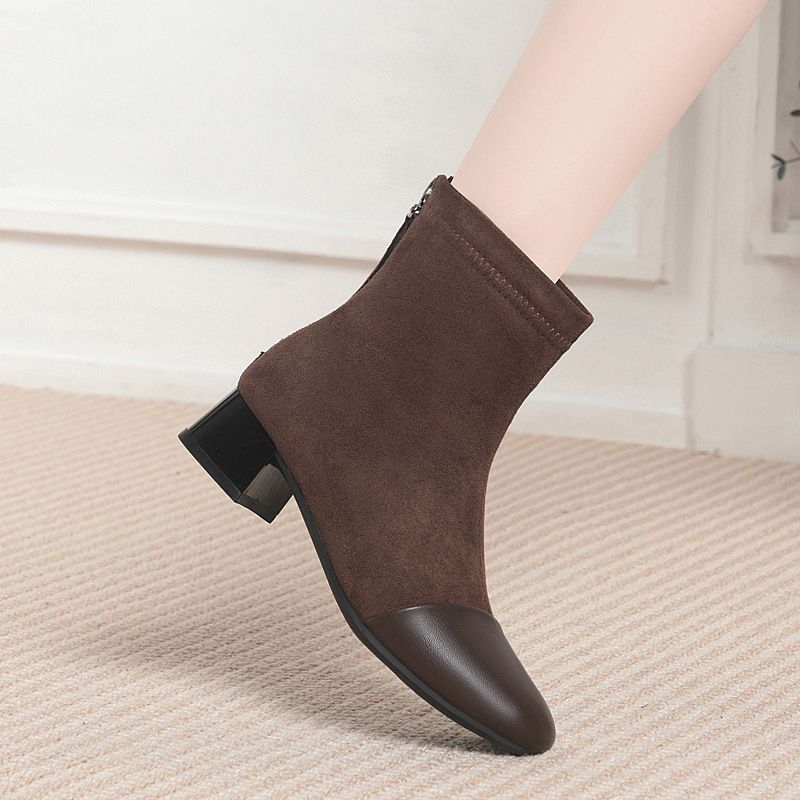 马丁靴粗跟春秋单靴瘦瘦靴秋冬季靴子女绒面拼接短靴简约高级