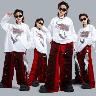 街舞服装酷帅男童红色破洞长裤潮装少儿hiphop架子鼓演出服装