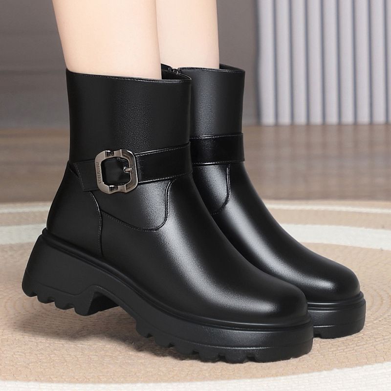 简约高级厚底秋冬短靴中老年棉鞋百搭粗跟皮鞋短筒靴子冬鞋