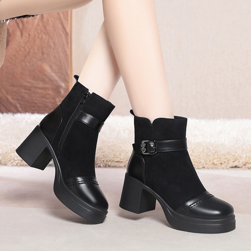 简约高级妈妈瘦瘦靴子马丁靴粗跟厚底短靴女春秋单靴冬季棉鞋