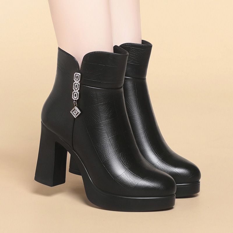 秋冬保暖高跟靴子女春秋单靴粗跟时装短靴皮鞋配裙子妈妈棉鞋