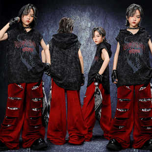 街舞服装嘻哈潮服男童红色破洞裤演出套装hiphop女童走秀潮装